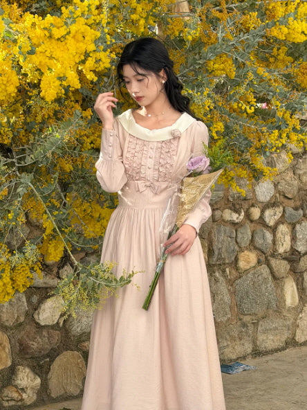 Rosette Collar Blush Pink Cottagecore Dress