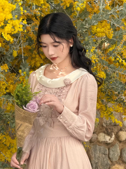 Rosette Collar Blush Pink Cottagecore Dress