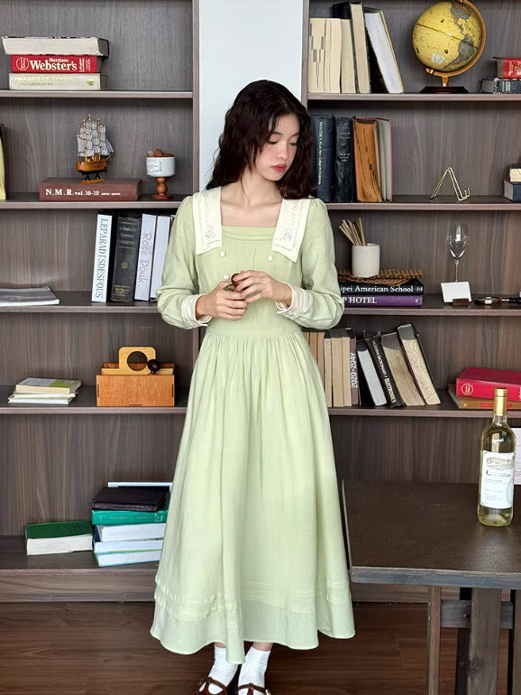 Sage Green Embroidered Collar Cottagecore Prairie Dress