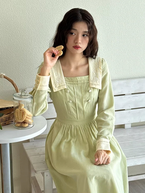 Sage Green Embroidered Collar Cottagecore Prairie Dress