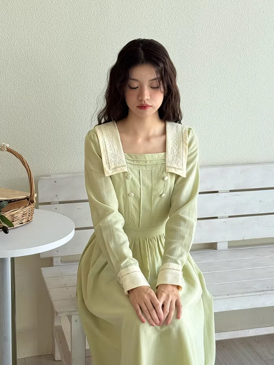 Sage Green Embroidered Collar Cottagecore Prairie Dress