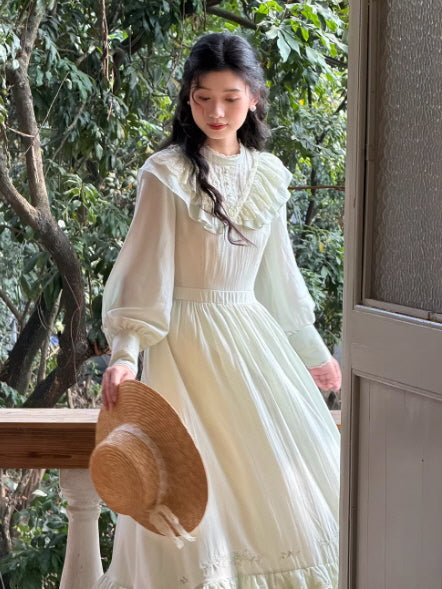 Sage Green Lace Ruffle Collar Cottagecore Dress