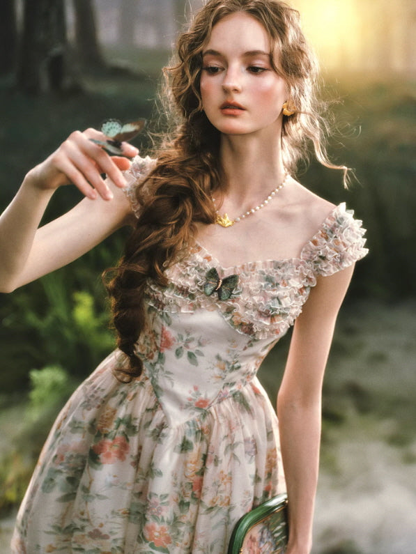 Enchanted Butterfly Floral Cottagecore Midi Dress