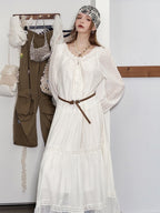 Ethereal Lace Trim Tiered Long Dress