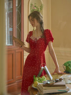 Lace Trim Retro Red Dress with Puff Sleeves