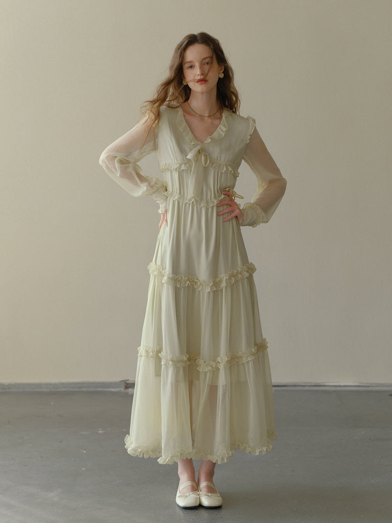 Soft Cream Ruffle Tiered Sheer Dress