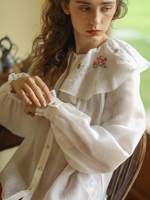White Cottagecore Floral Ruffle Blouse