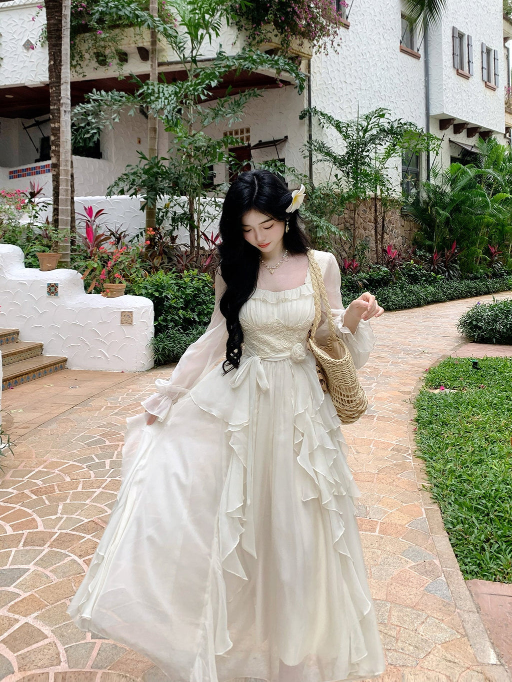 Vintage Ivory Chiffon Ruffle Dress