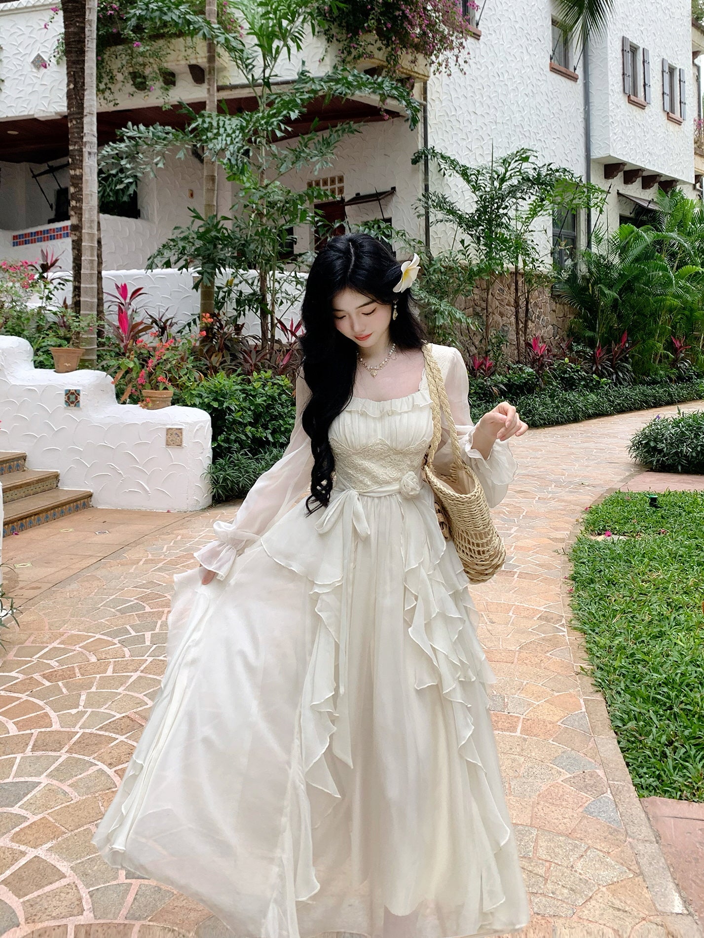 Vintage Ivory Chiffon Ruffle Dress