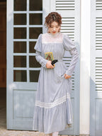 Vintage Blue Lace-Trimmed Elegant Dress