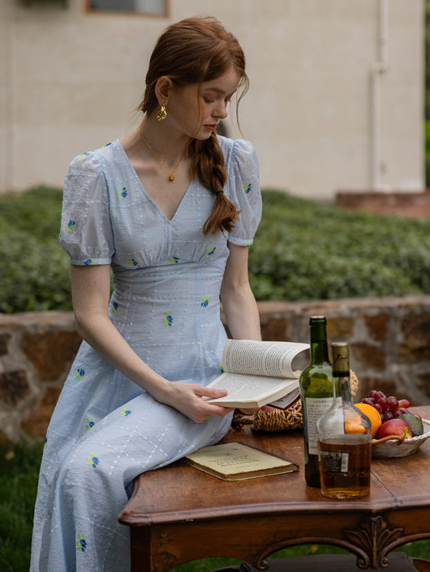 Dreamy Blue Blossom Embroidered Dress