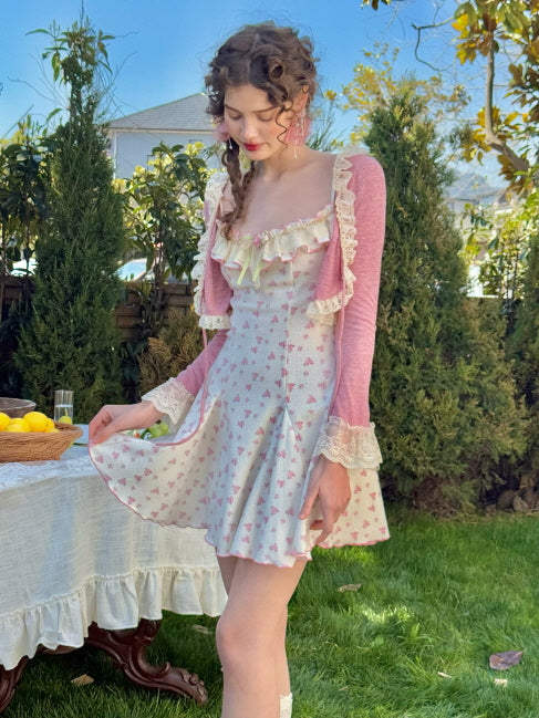 Vintage Rosebud Lace-Trimmed Knit Dress