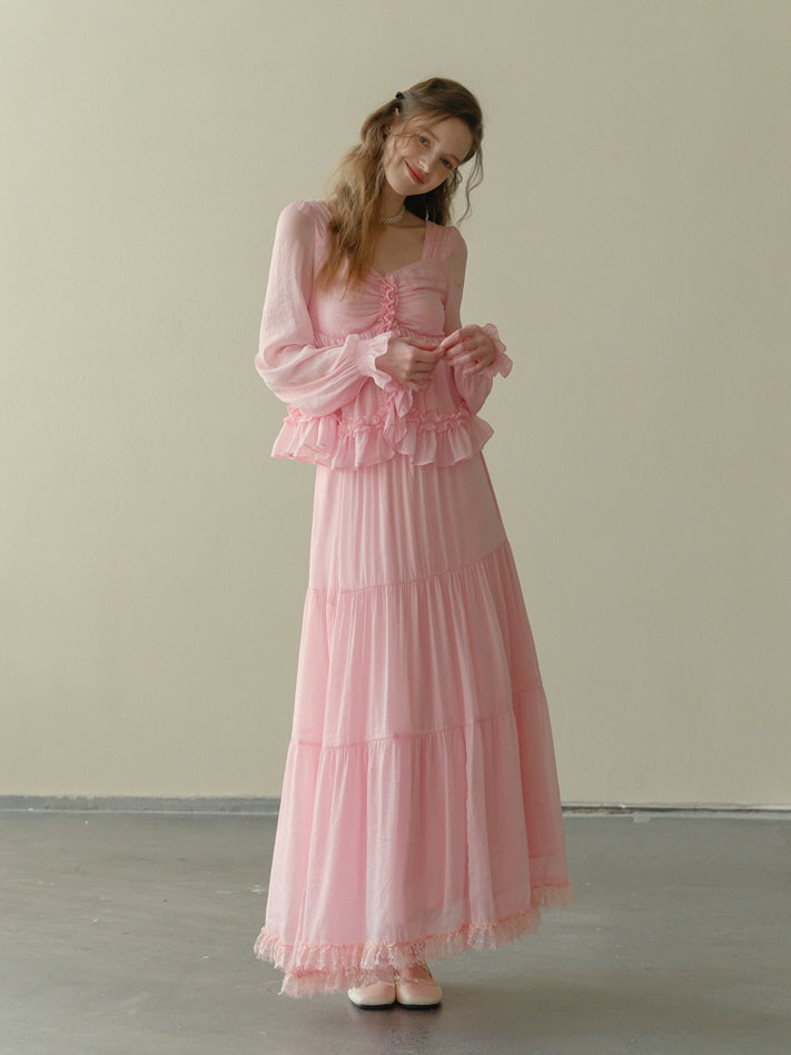 Rosy Frill Long Sleeve Top & Tiered Lace Skirt