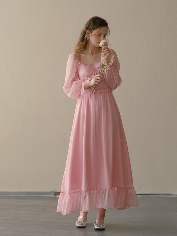 Blush Petal Frill Chiffon Dress