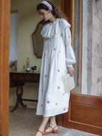Floral Embroidery Vintage Ruffled Cotton Dress