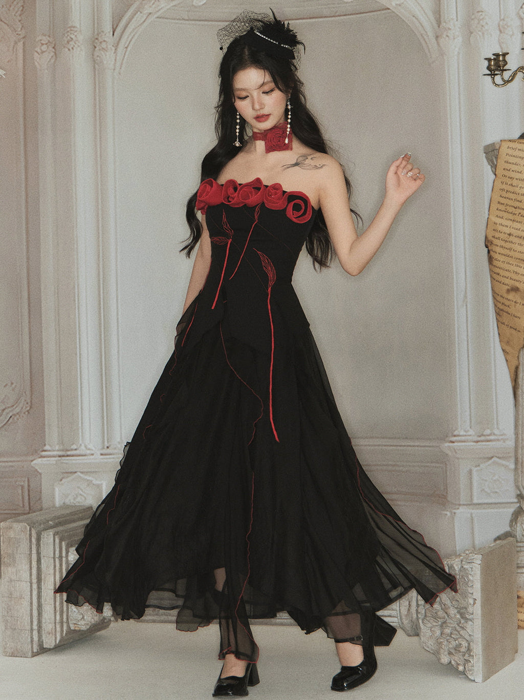 Enchanted Rose Embroidered Corset & Flowing Chiffon Skirt