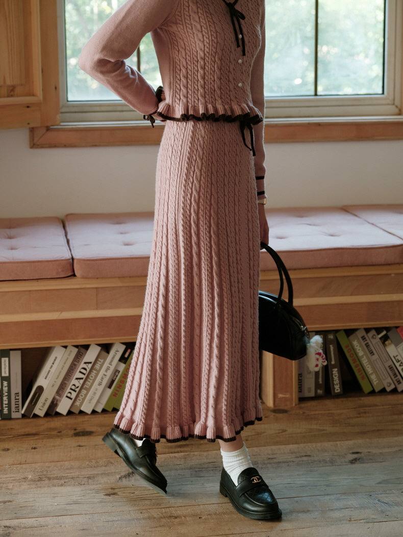 Ribbon Trim Pink Cable Knit Skirt