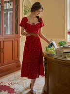 Lace Trim Retro Red Dress with Puff Sleeves
