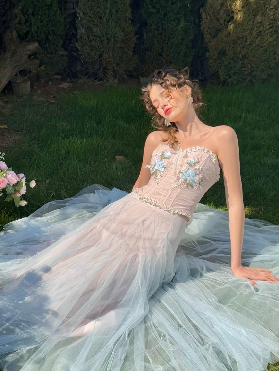 Pastel Bloom Embroidered Corset & Tulle Skirt