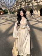 Golden Ethereal Lace-Up Flare Sleeve Chiffon Dress