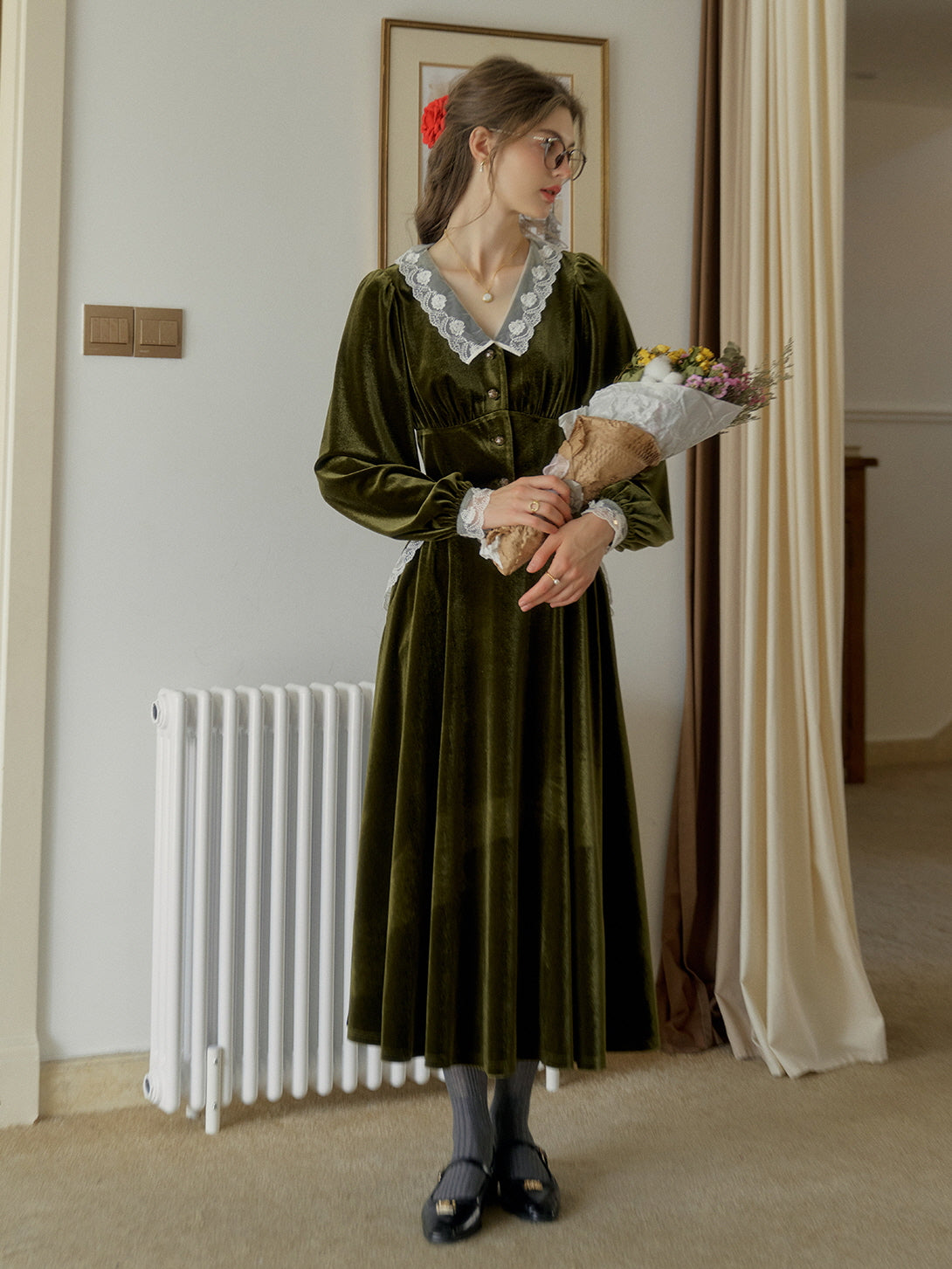Velvet Elegance Green Lace-Trim Blouse