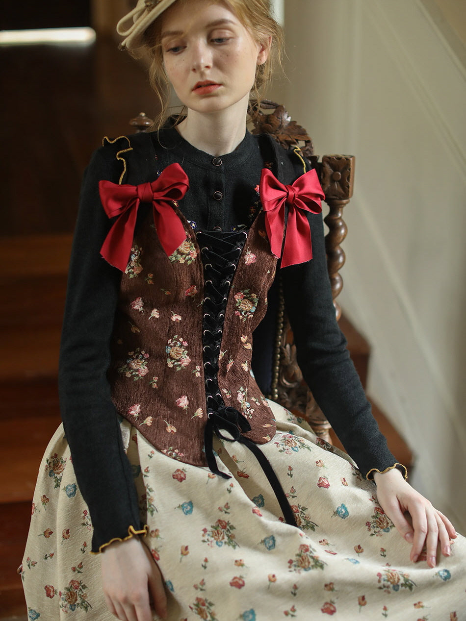 Floral Velvet Corset with Ribbon Accents
