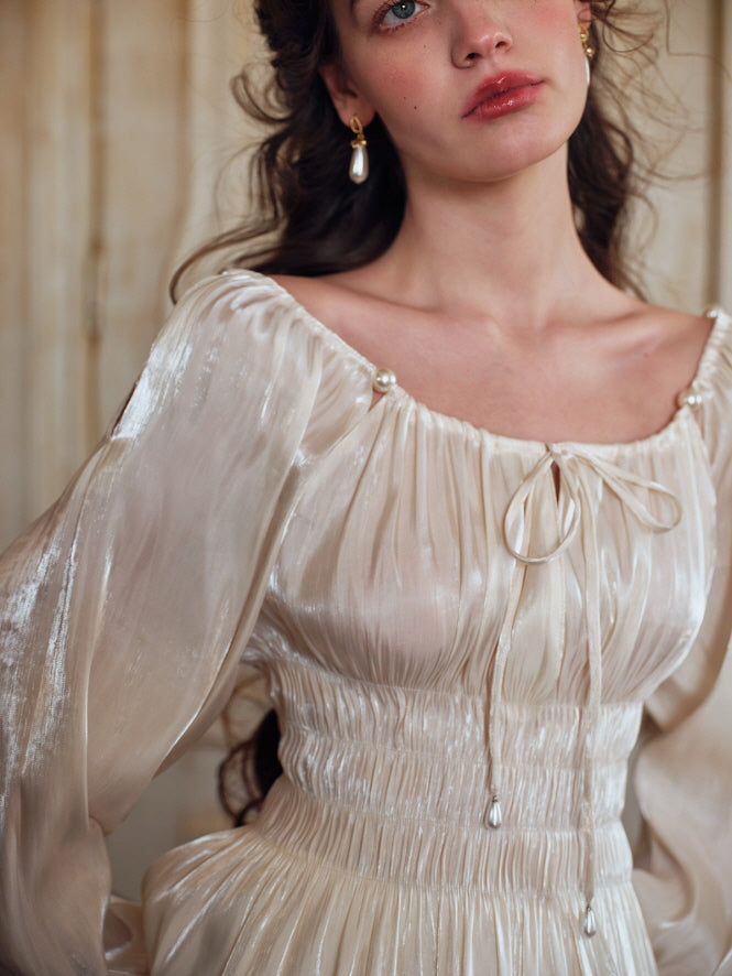 Pearl Ribbon Shirred Ivory Blouse