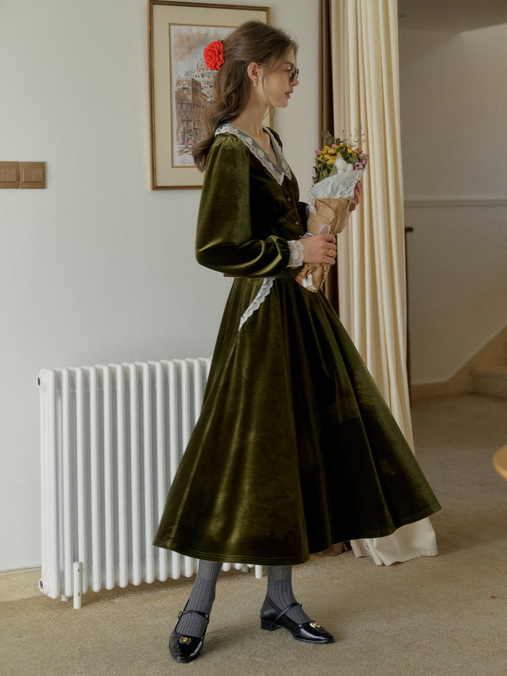 Velvet Elegance Green Lace-Trim Blouse