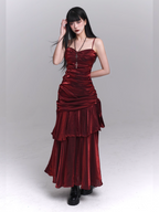 Crimson Siren Tiered Velvet Maxi Dress
