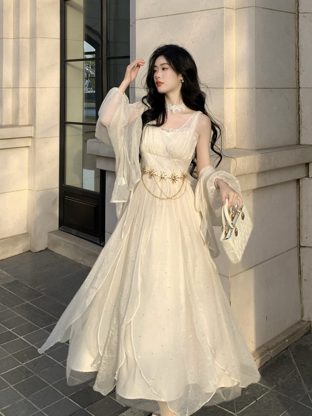 Ethereal Goddess Shimmering Silver Mesh Gown
