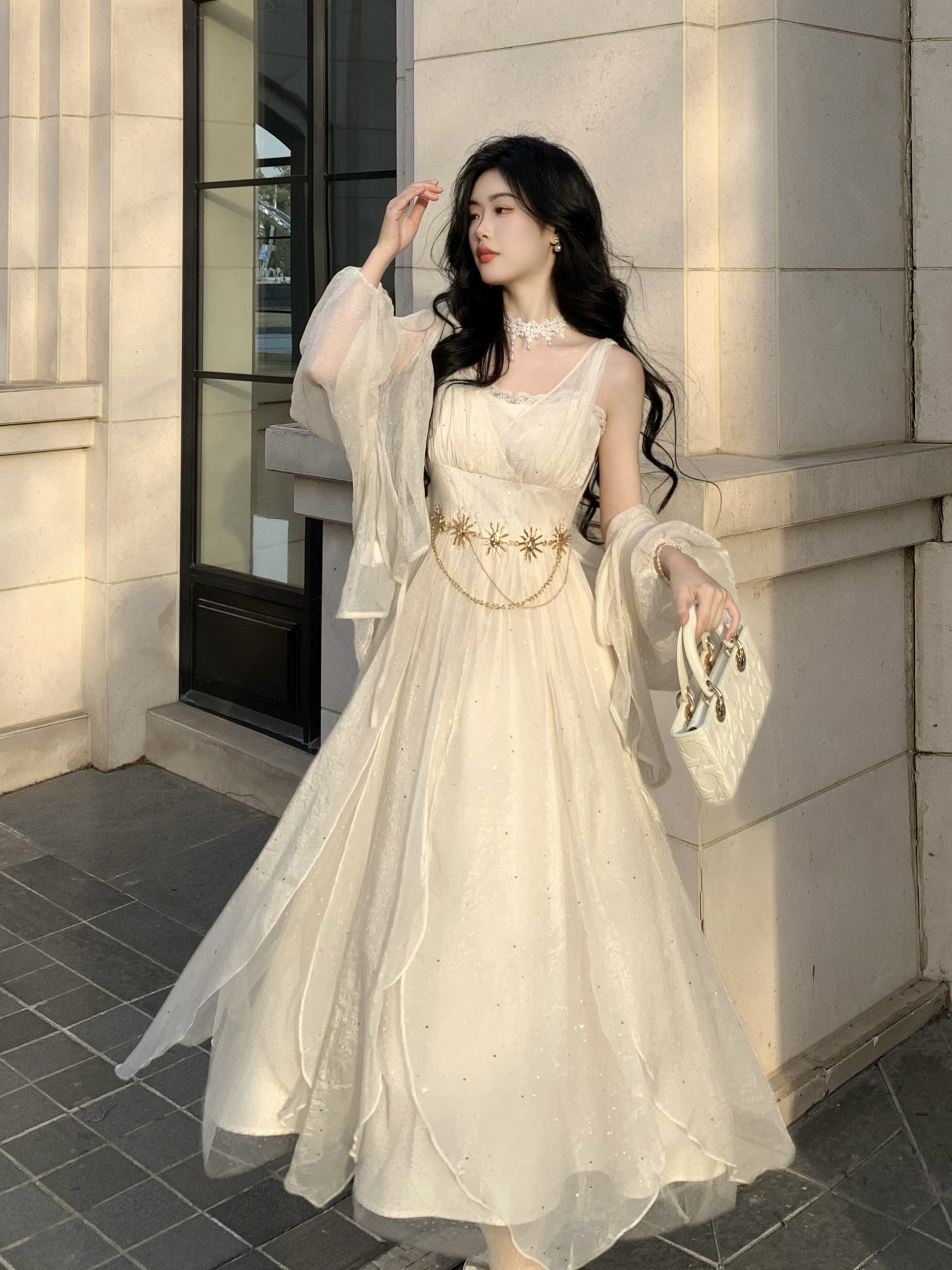 Ethereal Goddess Shimmering Silver Mesh Gown