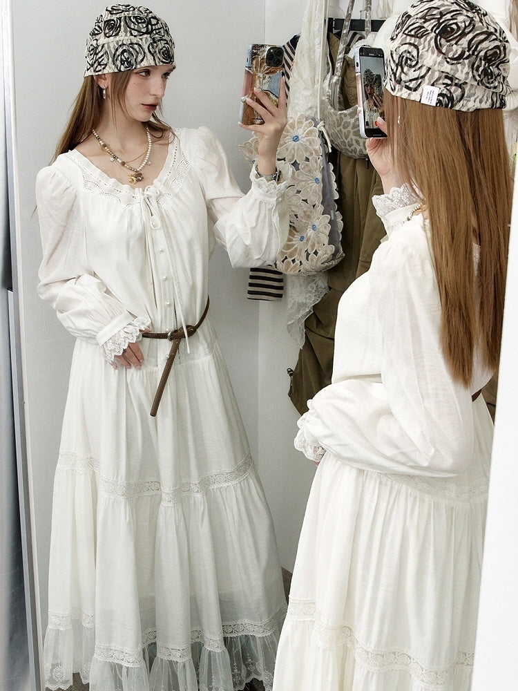 Ethereal Lace Trim Tiered Long Dress