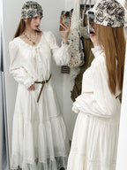 Ethereal Lace Trim Tiered Long Dress