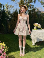 Coquette Blush Floral Lace Bow Dress