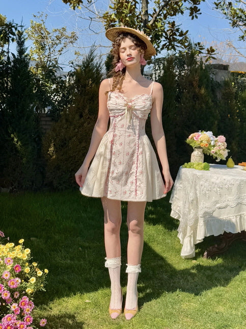 Coquette Blush Floral Lace Bow Dress