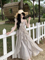 Vintage Brooch Elegance Ruffled Gown