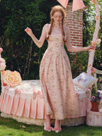 Pastoral Pink Vintage Floral Lace-Up Dress
