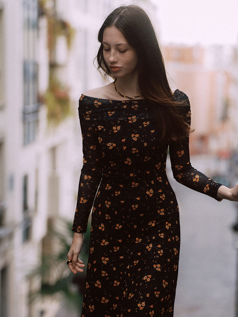 Midnight Blossom Off-Shoulder Mesh Dress