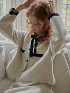 Elegant Wool Blend Ribbon Trim Knit Cardigan