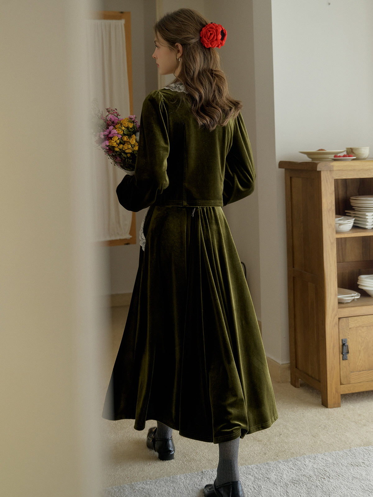 Velvet Elegance Green Lace-Trim Blouse
