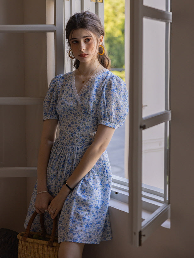 Whispering Blue Garden Floral Dress