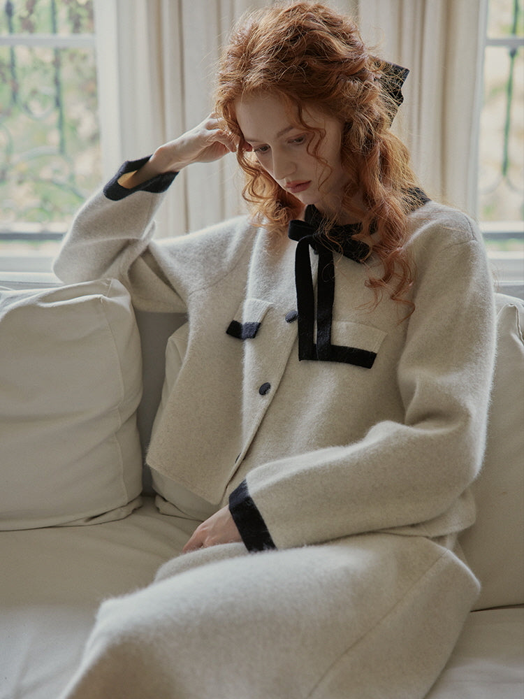 Elegant Wool Blend Ribbon Trim Knit Cardigan