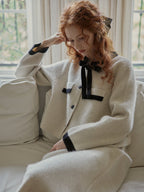 Elegant Wool Blend Ribbon Trim Knit Cardigan