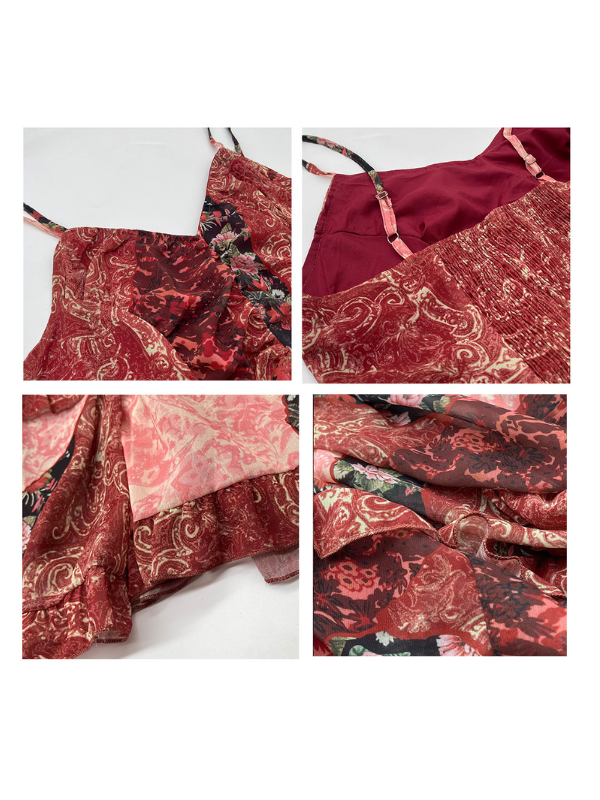 Rosy Patchwork Ruffle Maxi Dress