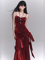 Crimson Siren Tiered Velvet Maxi Dress
