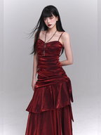 Crimson Siren Tiered Velvet Maxi Dress