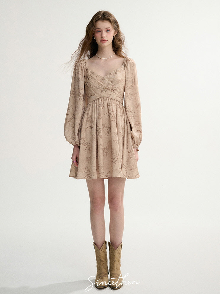 Vintage Botanical Puff-Sleeve Dress