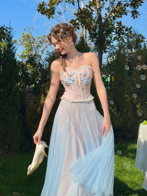 Pastel Bloom Embroidered Corset & Tulle Skirt