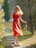 Lace Trim Retro Red Dress with Puff Sleeves