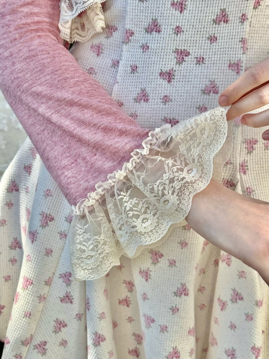 Vintage Rosebud Lace-Trimmed Knit Dress